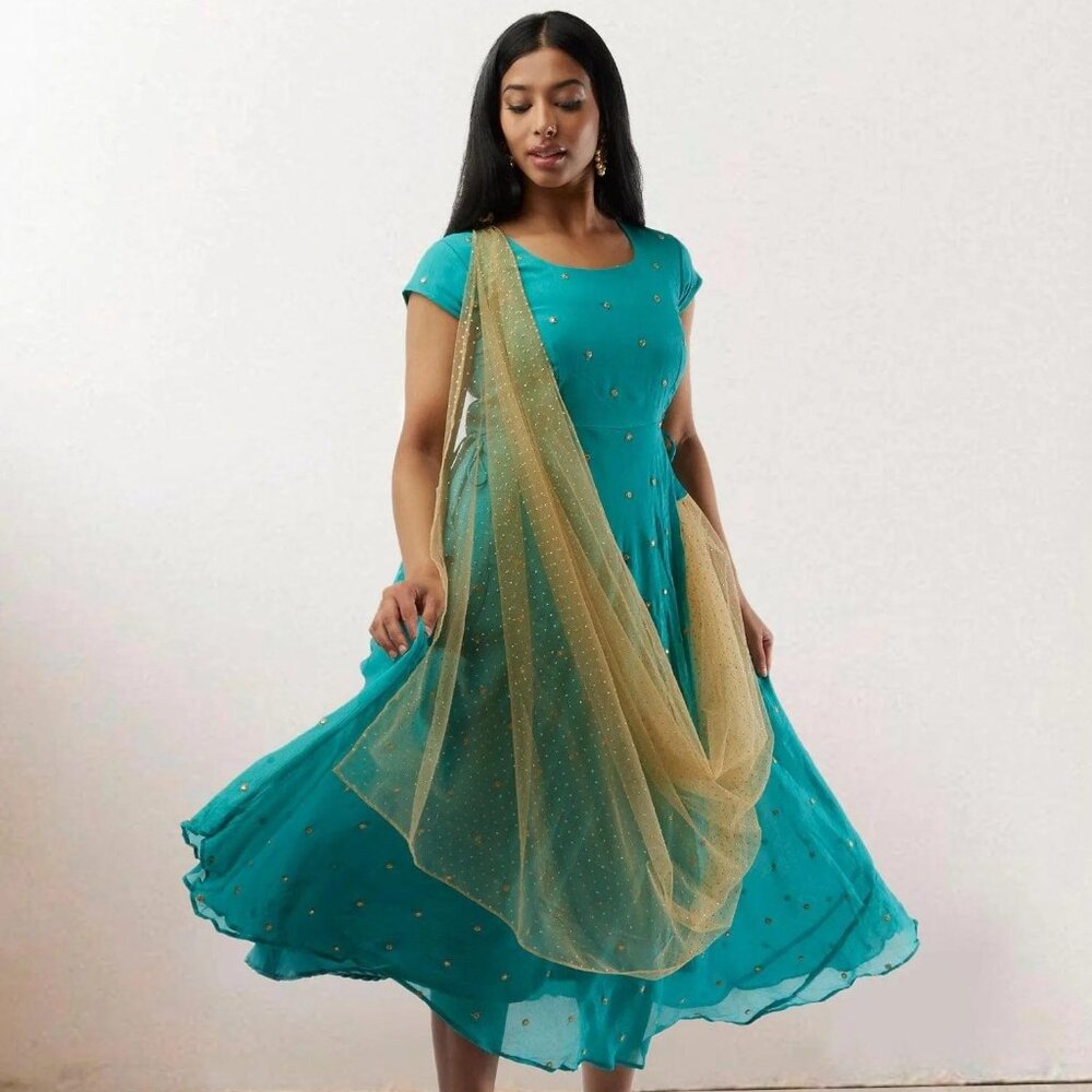 Persian Green Banarasi Georgette Dress with Gold Net Duppatta | Indian Ethnic We